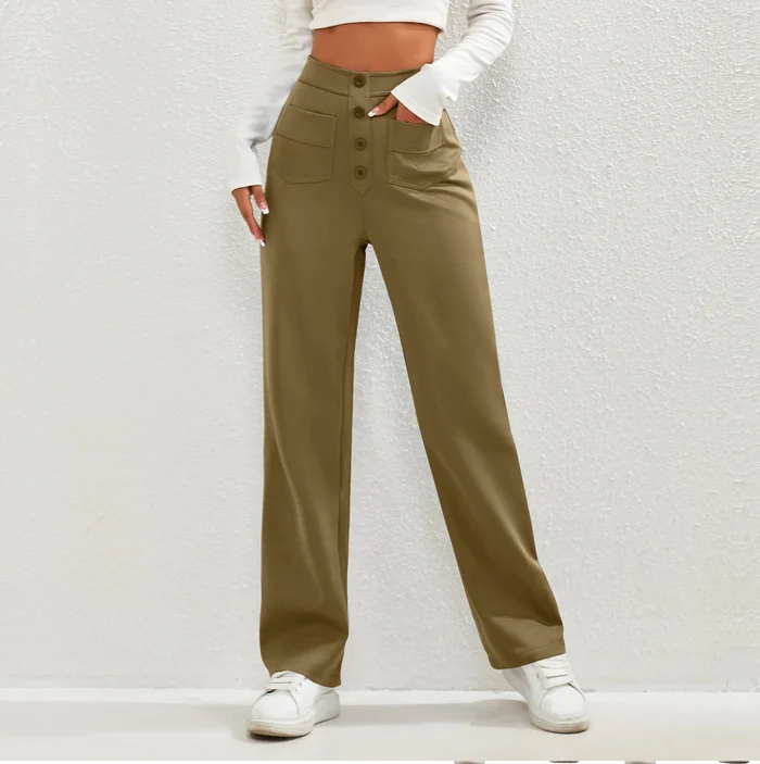 High-Waist Multi-Pocket Straight Casual Broek