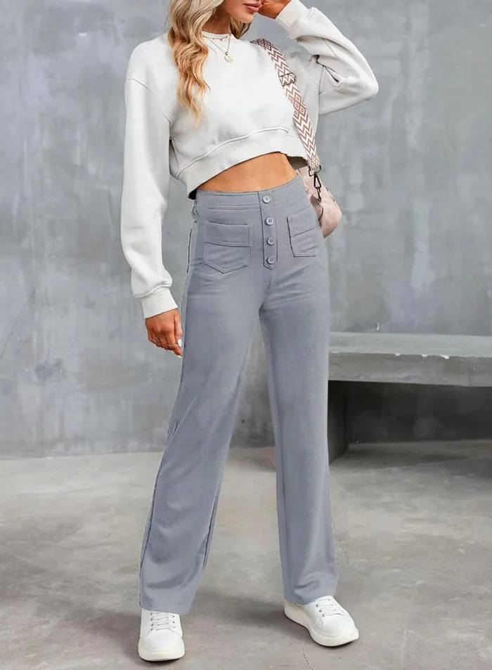 High-Waist Multi-Pocket Straight Casual Broek