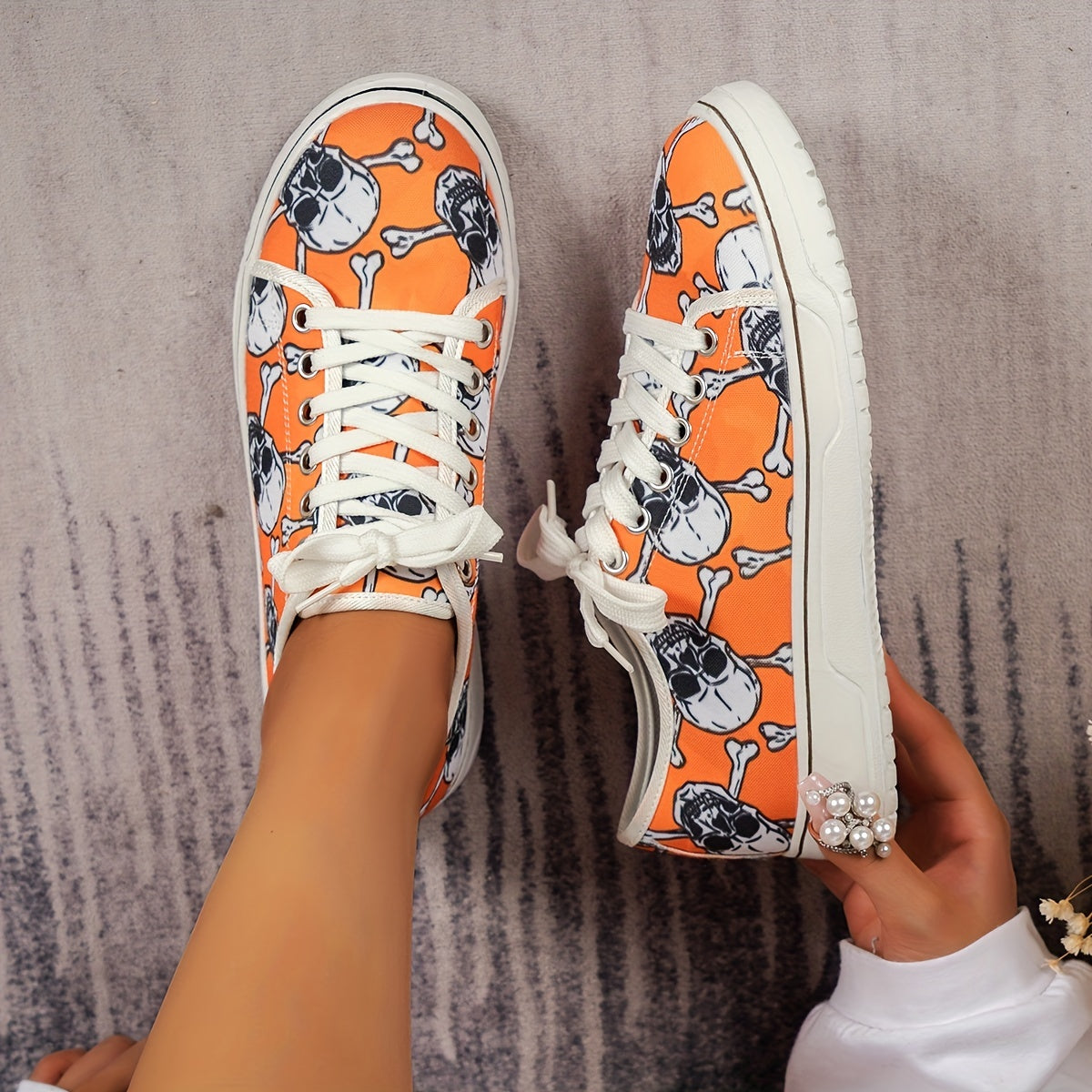 Oranje Canvas Sneakers met Schedelprint - Ronna