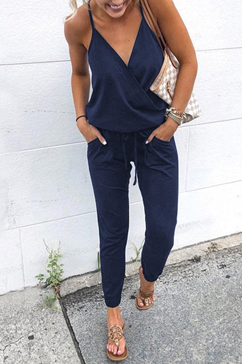 Zwarte V-hals Jumpsuit met Bandjes - Nora