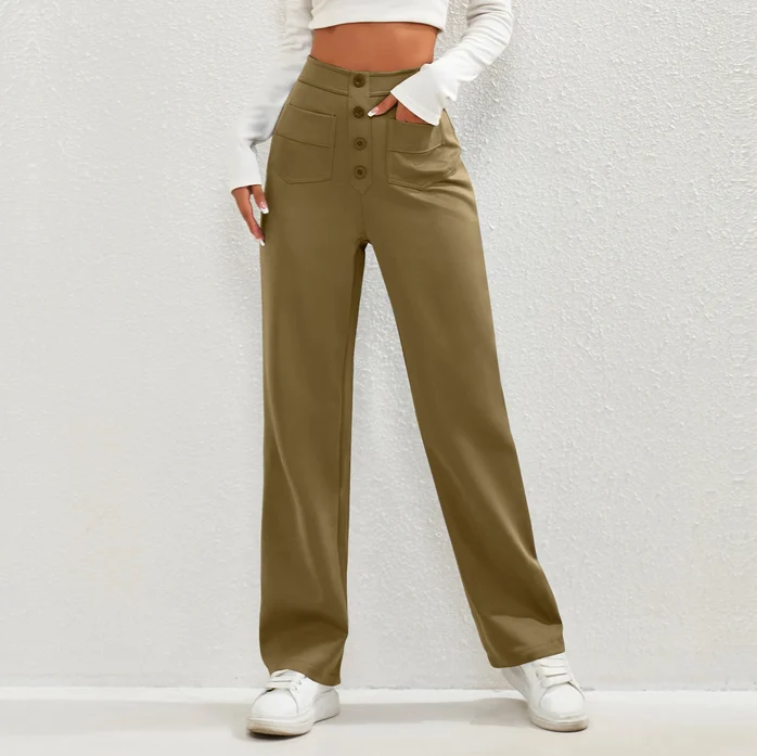 High-Waist Multi-Pocket Straight Casual Broek