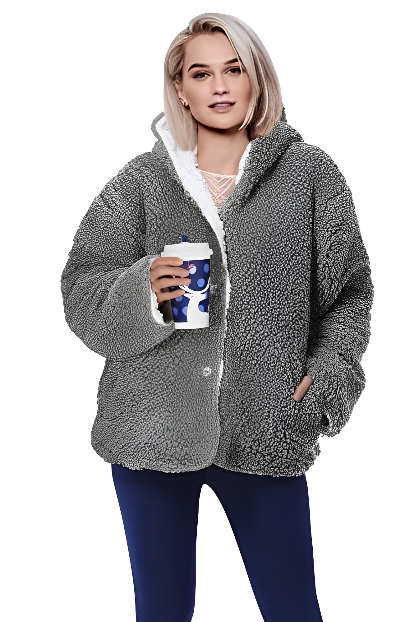 Chique Sherpa Bliss: Dames Fuzzy Hooded Jacket met Zakken