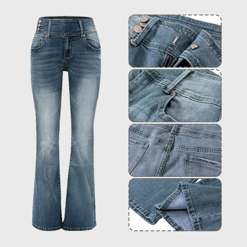 Retro-Chique Bell Bottom Jeans met Unieke Zijknoopjes