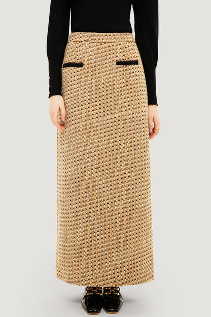 Elegante Tweed Maxi Rok met Hoge Taille & Stijlvolle Zij Split