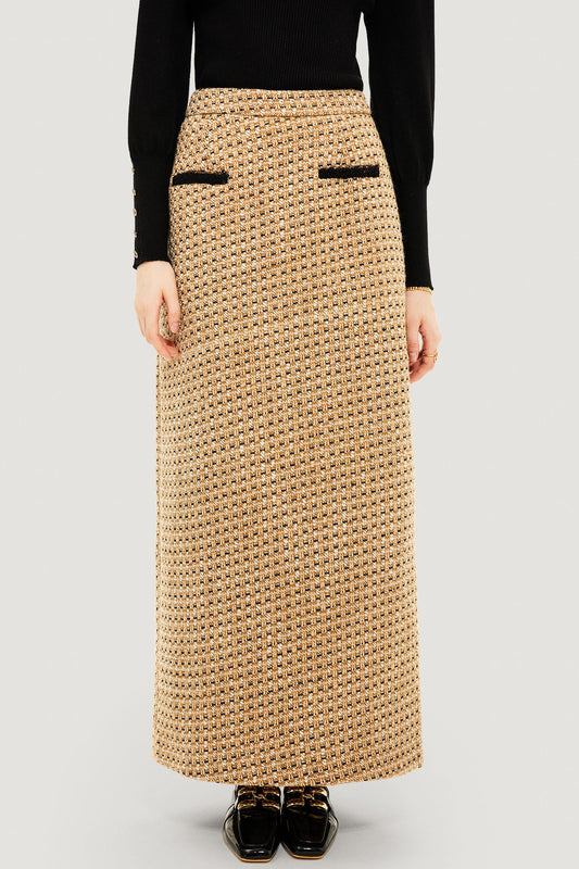 Elegante Tweed Maxi Rok met Hoge Taille & Stijlvolle Zij Split