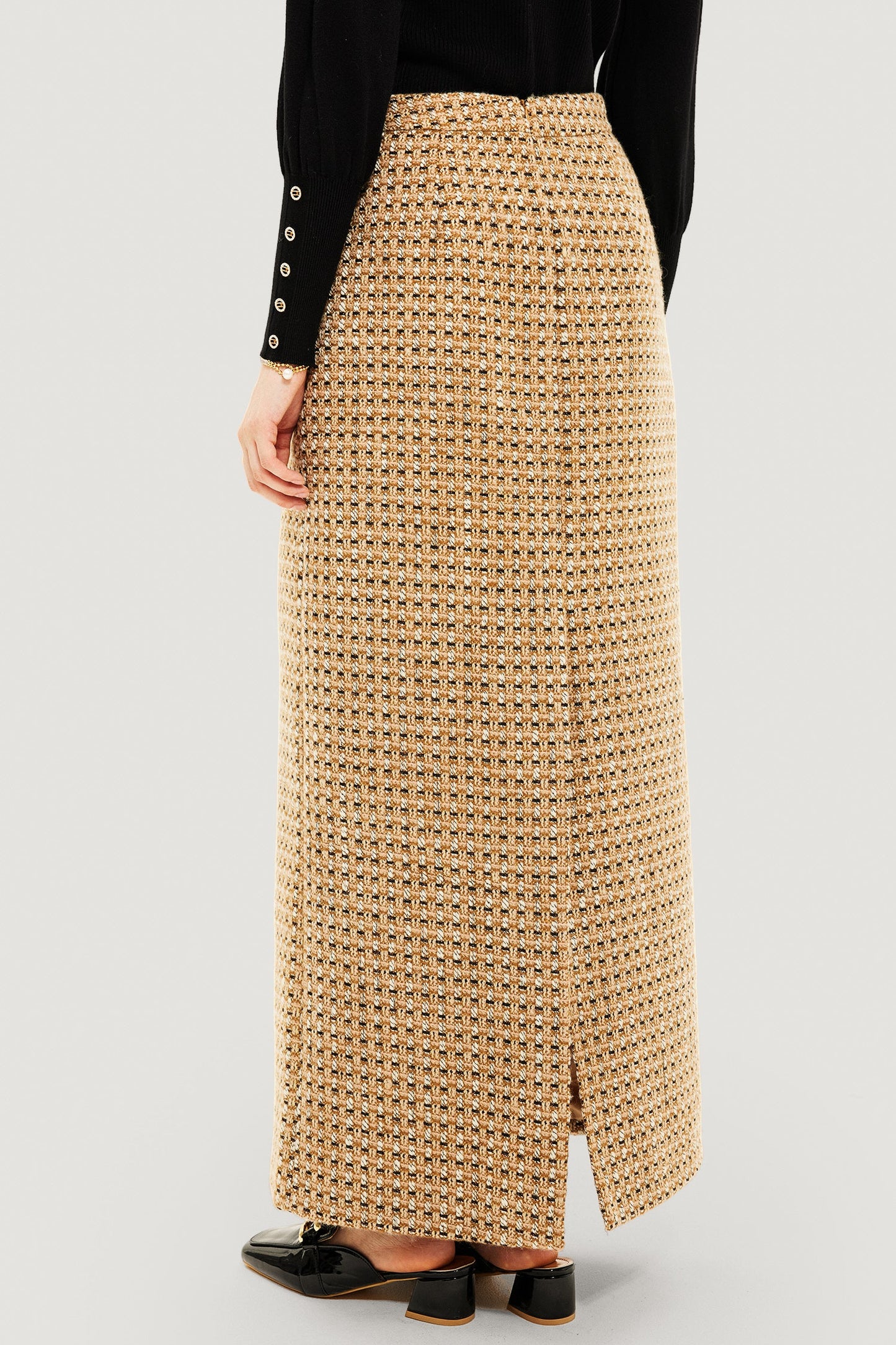 Elegante Tweed Maxi Rok met Hoge Taille & Stijlvolle Zij Split