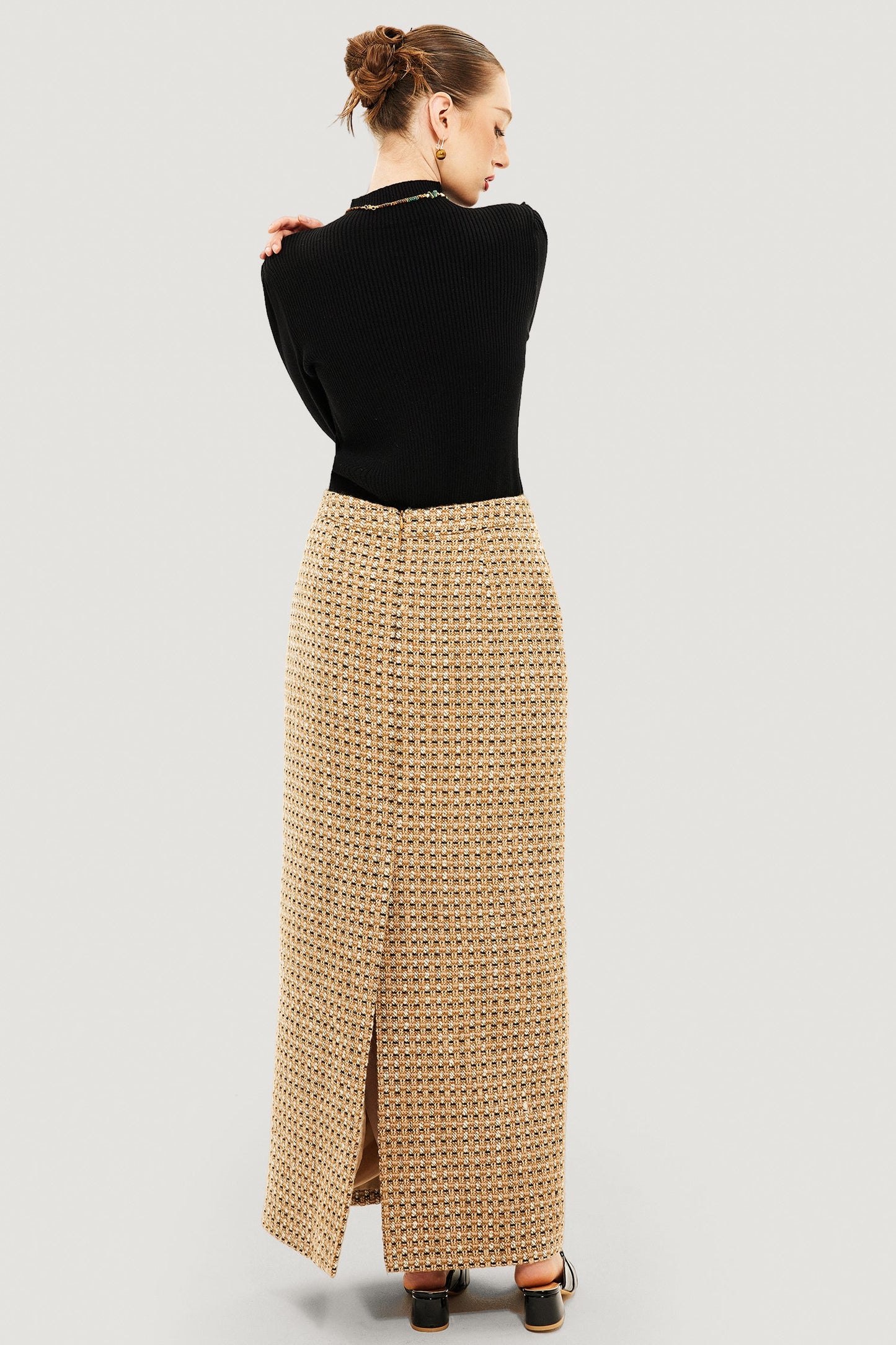 Elegante Tweed Maxi Rok met Hoge Taille & Stijlvolle Zij Split