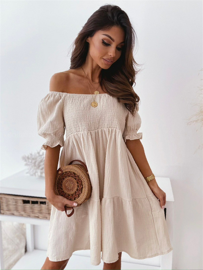 Eva's Beige Off-Shoulder Smockjurk