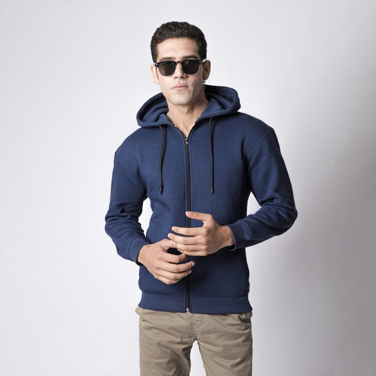 Strakke Marineblauwe Rits Hoodie: Comfortabele Katoen-Fleece Mix voor Heren