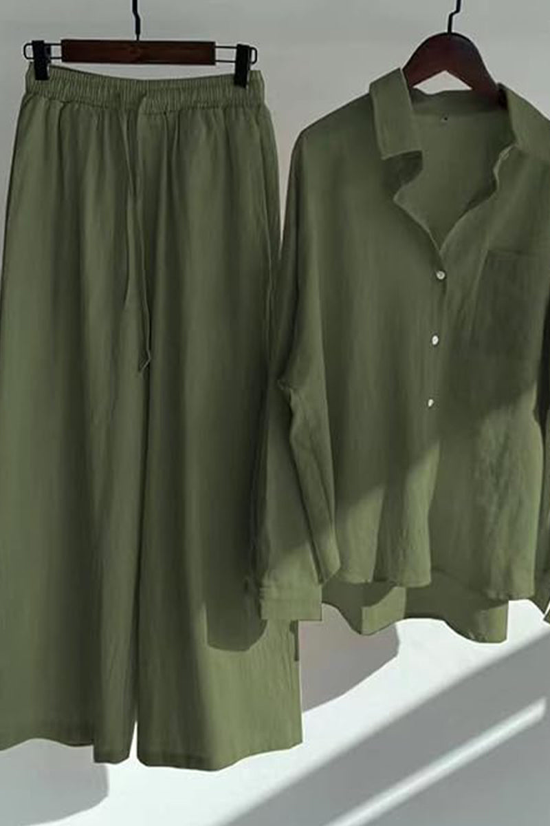 Lotte's Legergroene Linnen Set met Oversized Shirt en Palazzobroek