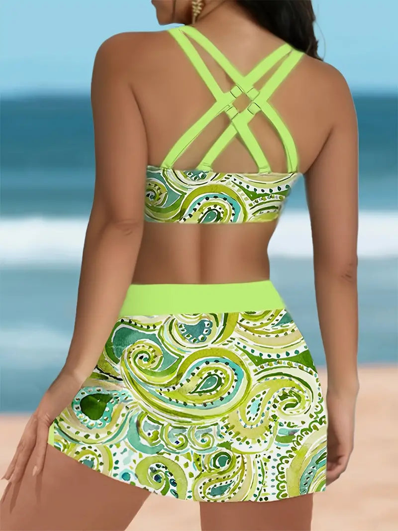 Melony - Zwarte Driedelige Print Bikini Set