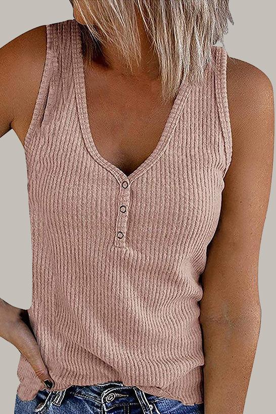 Chique Mouwloze Top met V-Hals en Knoopdetails