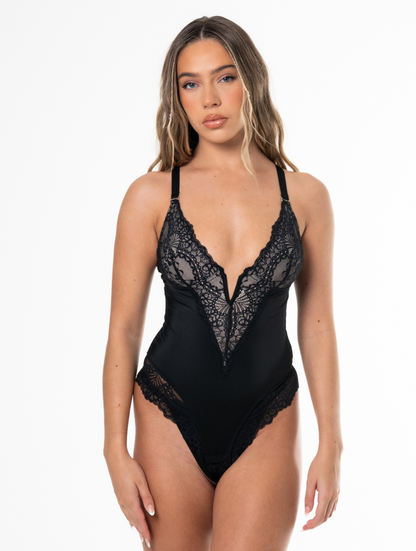 Mila - Zwarte Kanten V-Hals Bodysuit