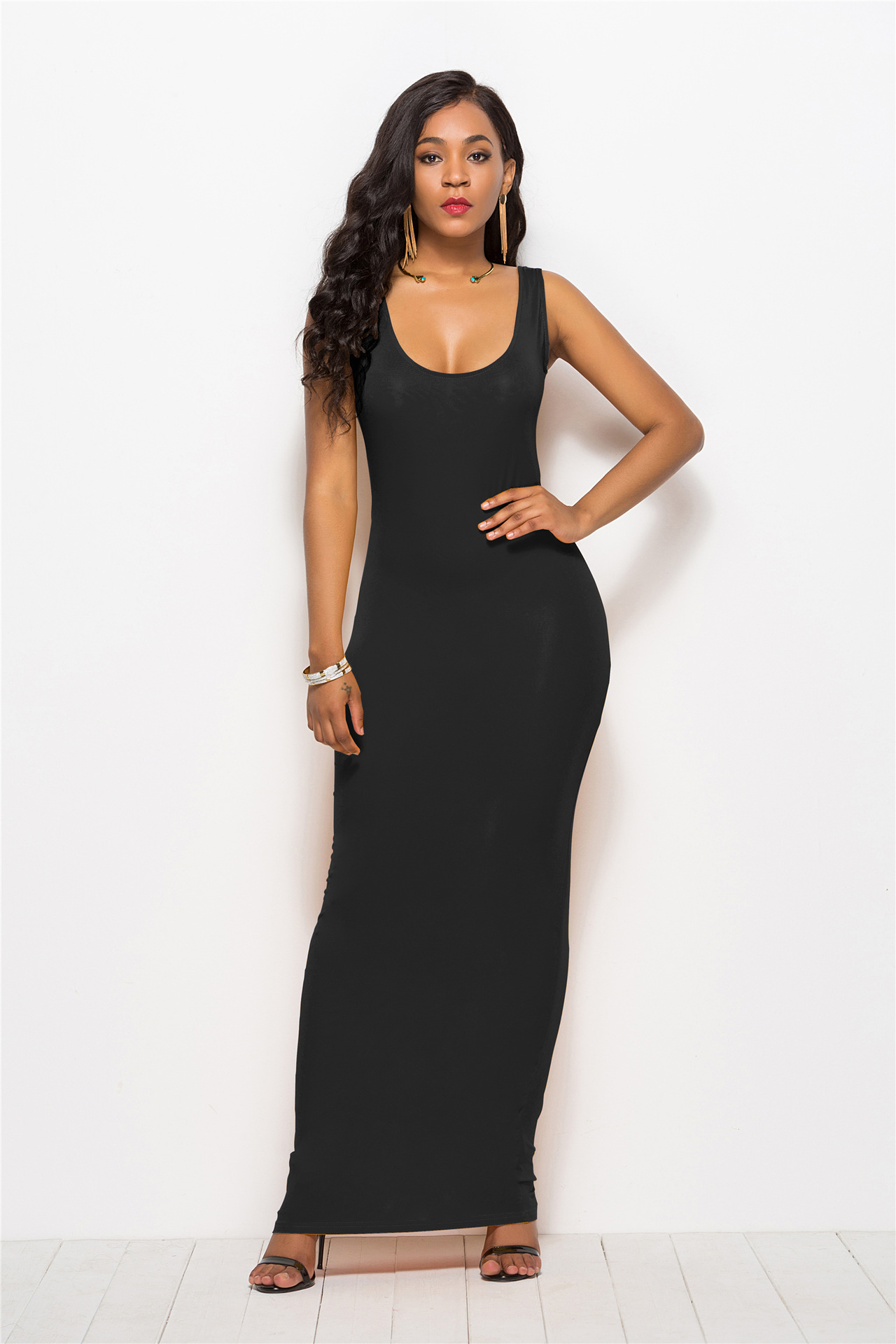 Bianca - Mosterdgele Elegante Stretch Maxi-Jurk