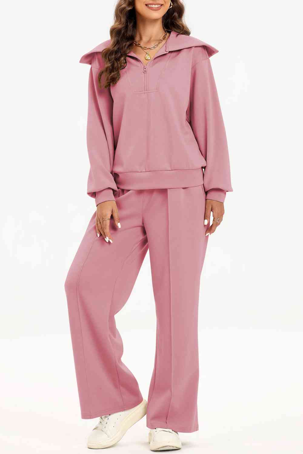 Chique Half-Rits Lounge Set: Stijlvolle Kraag Sweater & Broek