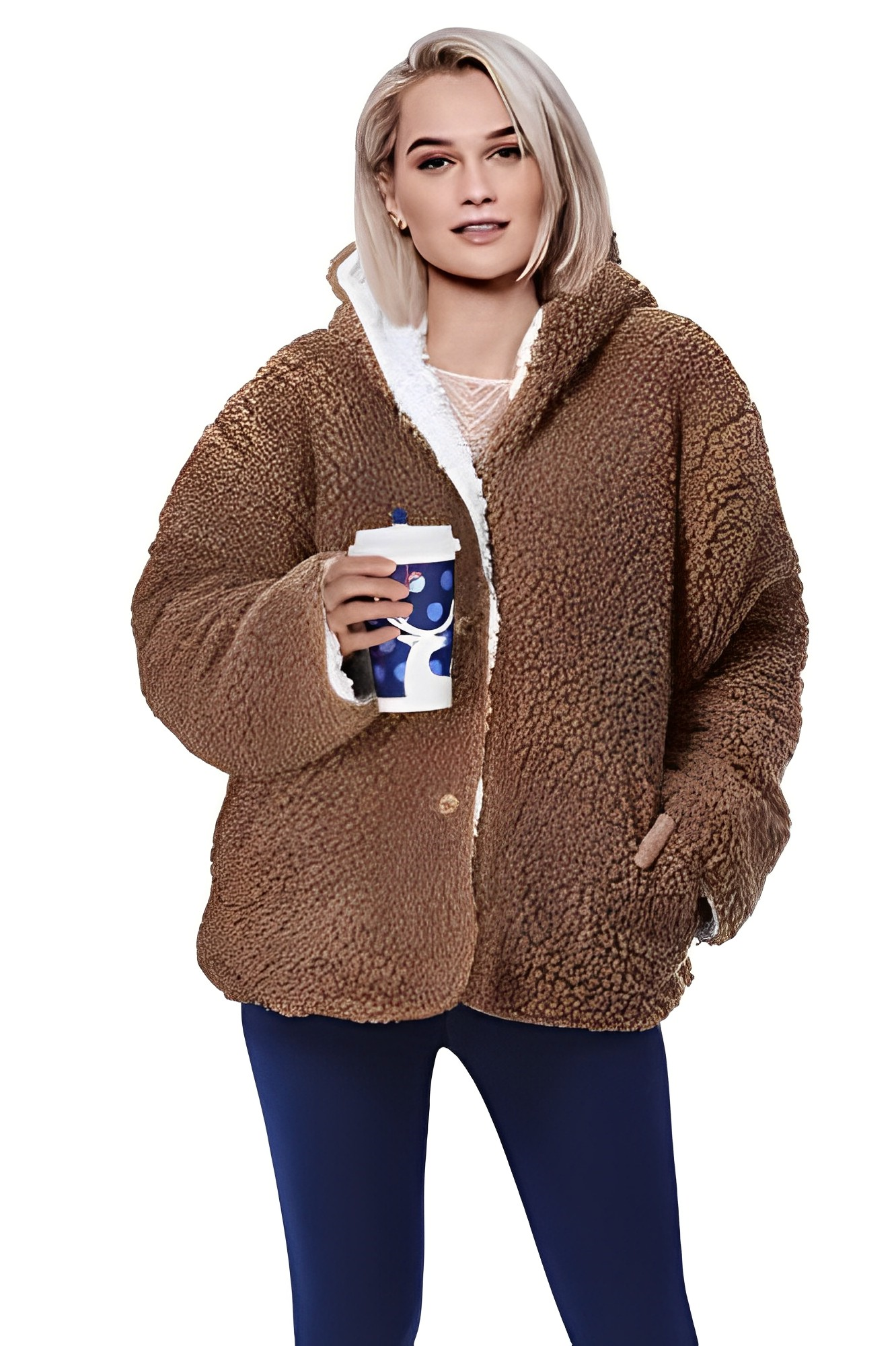 Chique Sherpa Bliss: Dames Fuzzy Hooded Jacket met Zakken