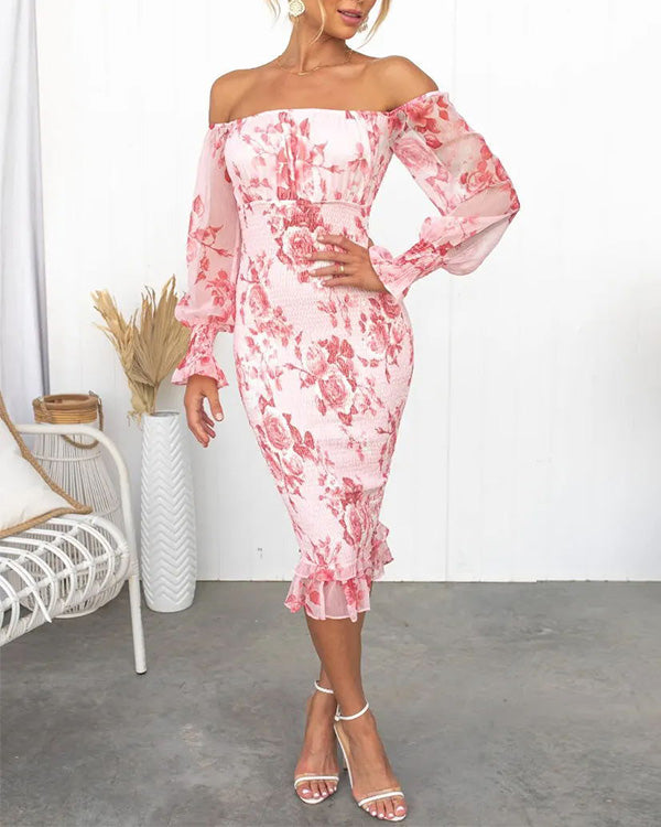 Roze Bloemen Off-Shoulder Jurk - Elin