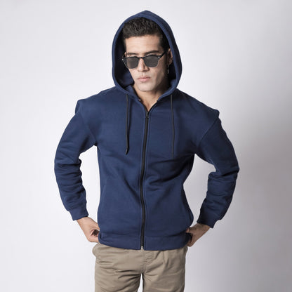 Strakke Marineblauwe Rits Hoodie: Comfortabele Katoen-Fleece Mix voor Heren