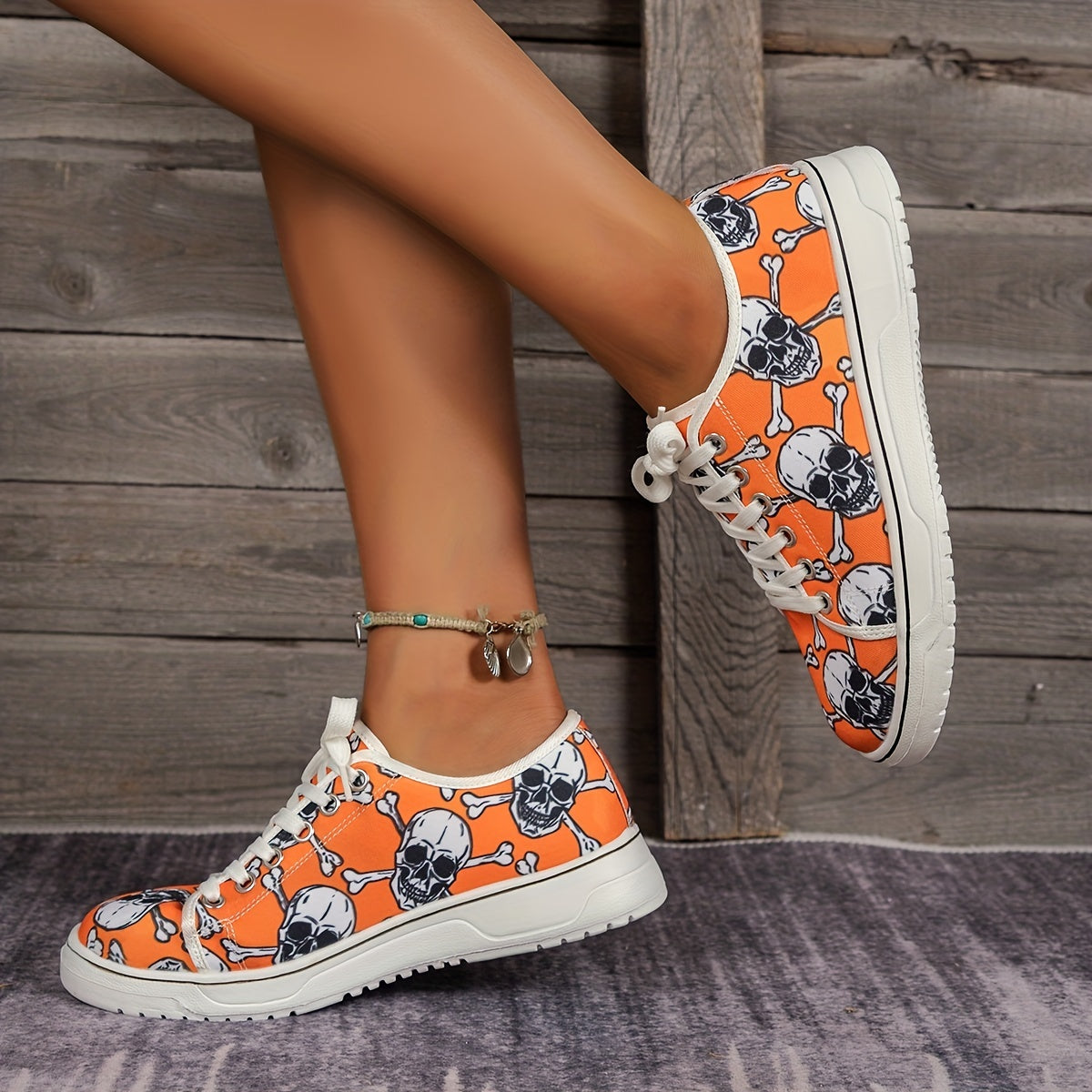 Oranje Canvas Sneakers met Schedelprint - Ronna