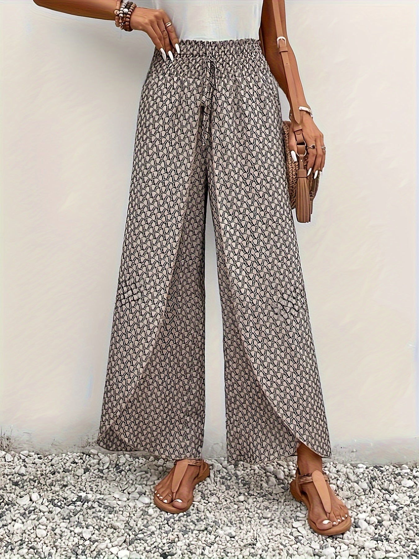 Khaki Geometrische Print Wijde Broek - Mila