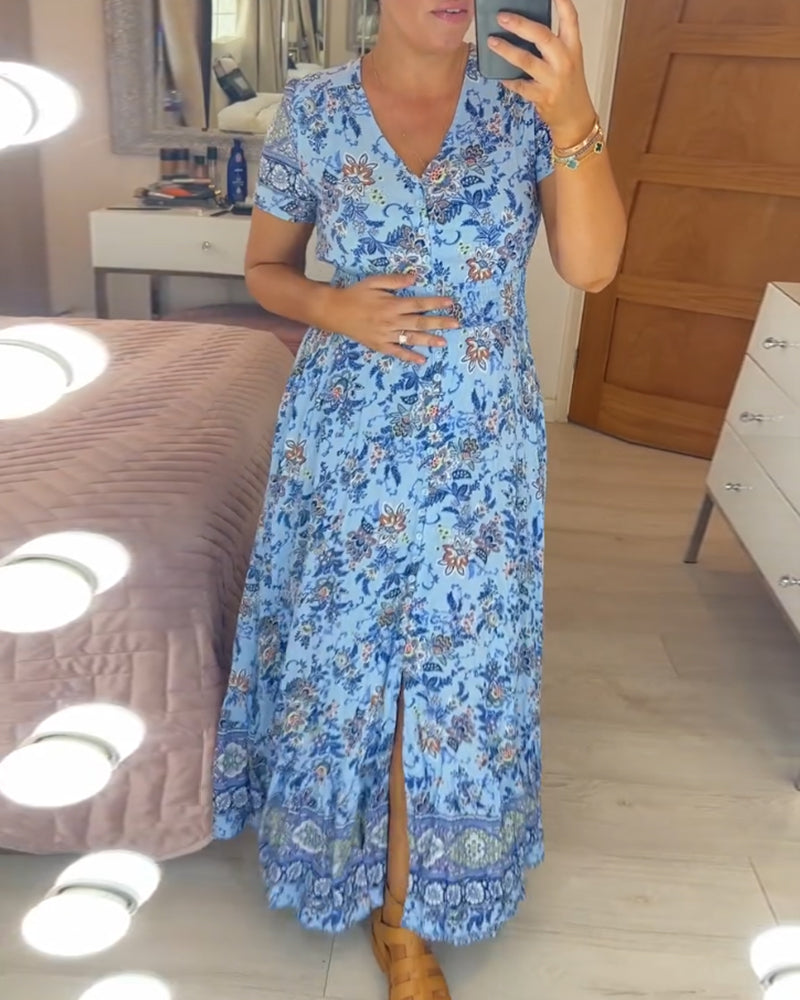 Aria - Blauwe Boho Jurk met Bloemenprint voor Casual Dagen