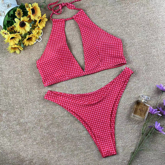 Madalynn - Roze Geruite Halter Bikini