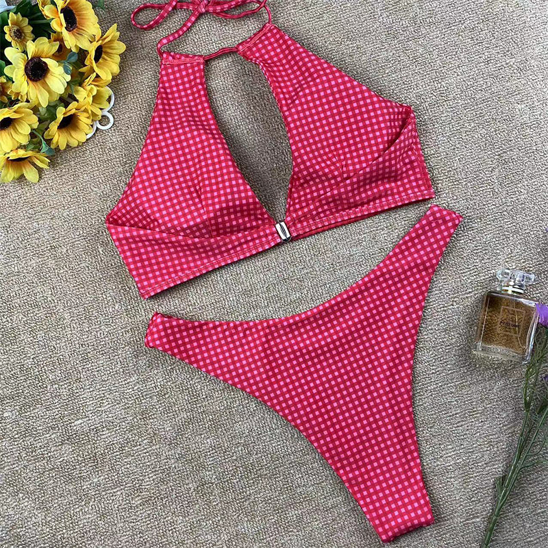 Madalynn - Roze Geruite Halter Bikini