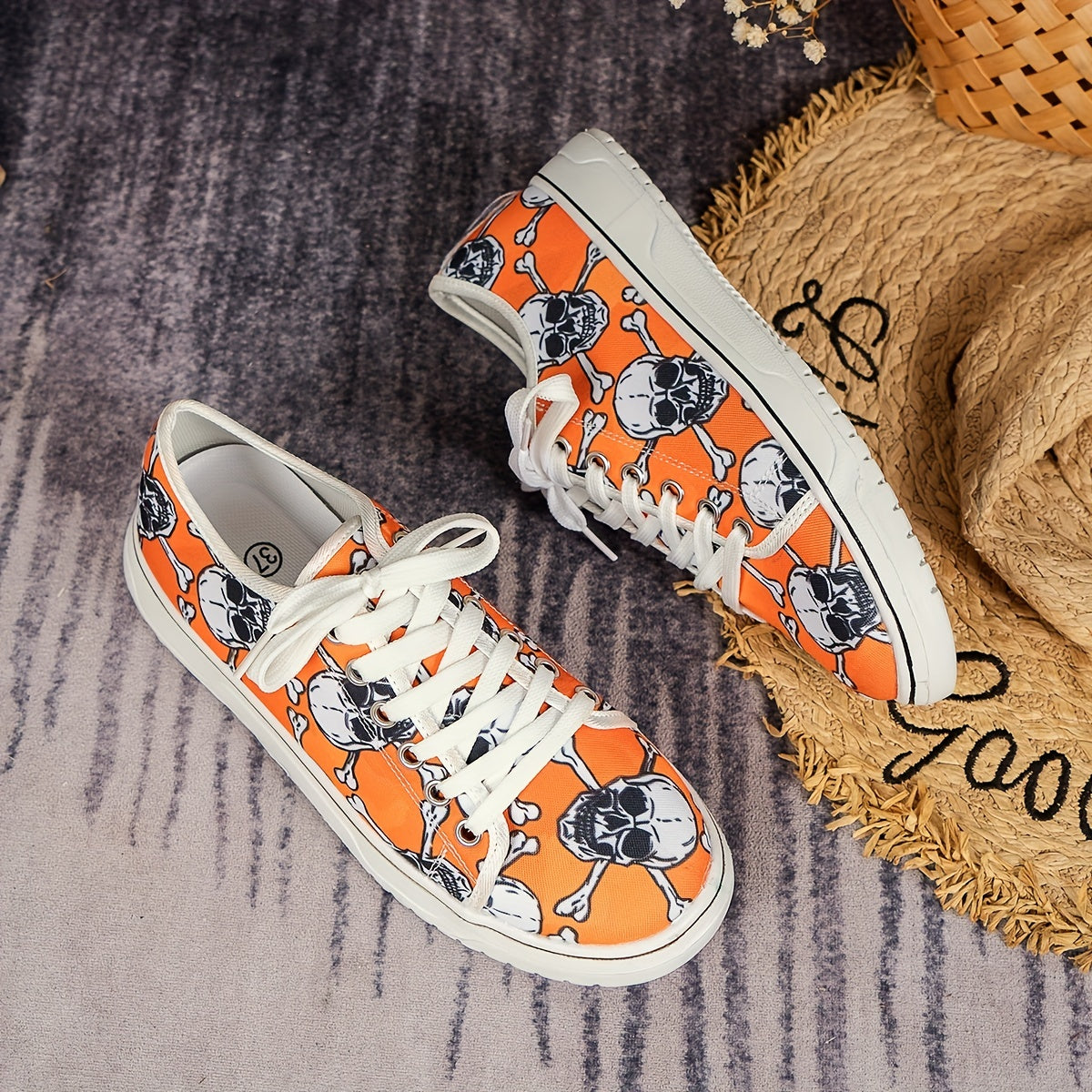 Oranje Canvas Sneakers met Schedelprint - Ronna