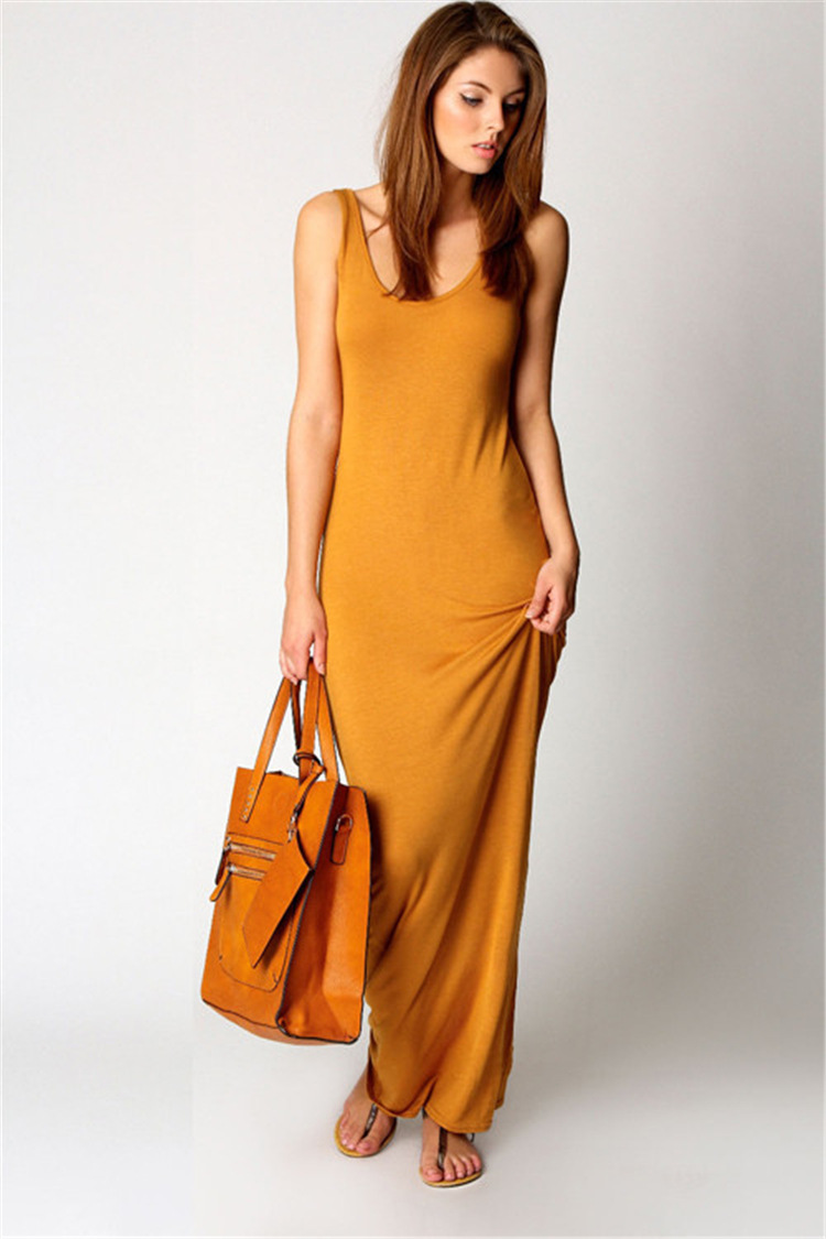 Bianca - Mosterdgele Elegante Stretch Maxi-Jurk