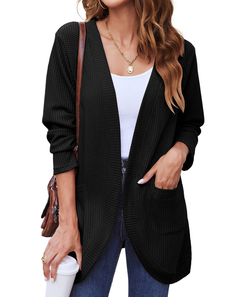 Stijlvolle Dames Wafelgebreide Cardigan met Zakken - Licht & Comfortabel