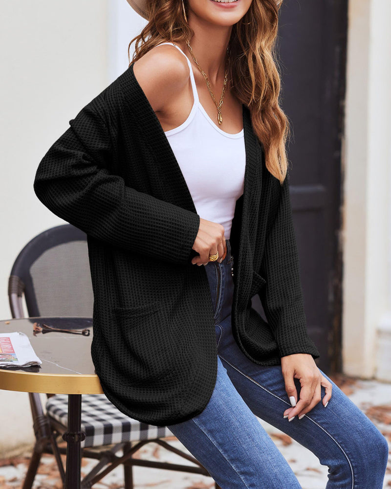 Stijlvolle Dames Wafelgebreide Cardigan met Zakken - Licht & Comfortabel