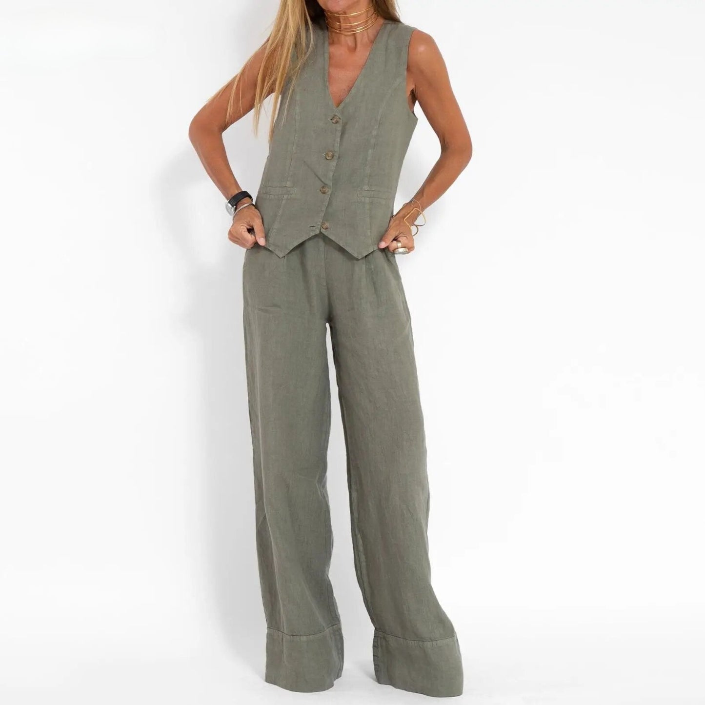 Aida - Olijfgroene Chic Duo Set Jumpsuit