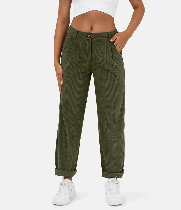 Nina - Khaki Ribfluwelen Wijde Broek