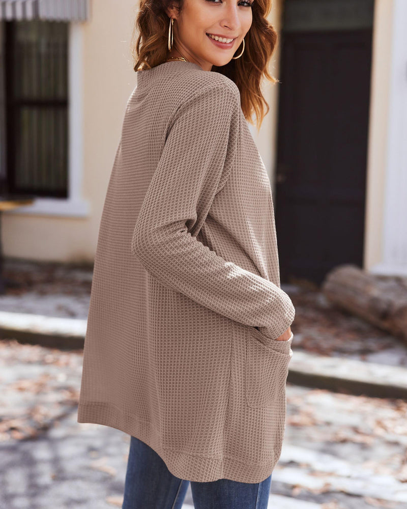 Stijlvolle Dames Wafelgebreide Cardigan met Zakken - Licht & Comfortabel