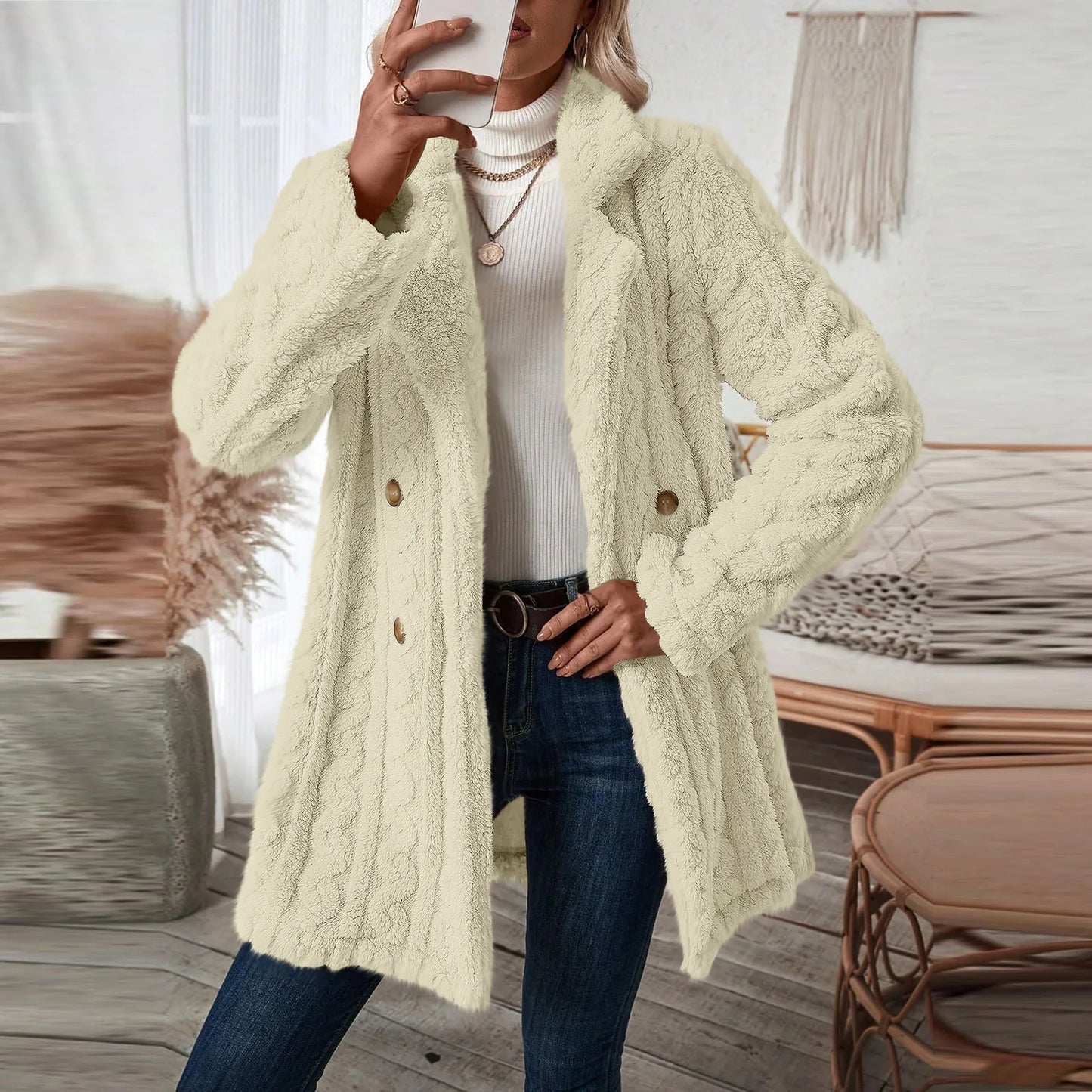 Elegante Crème Sherpa: Thermische Dubbelgeknoopte Dames Teddyjas