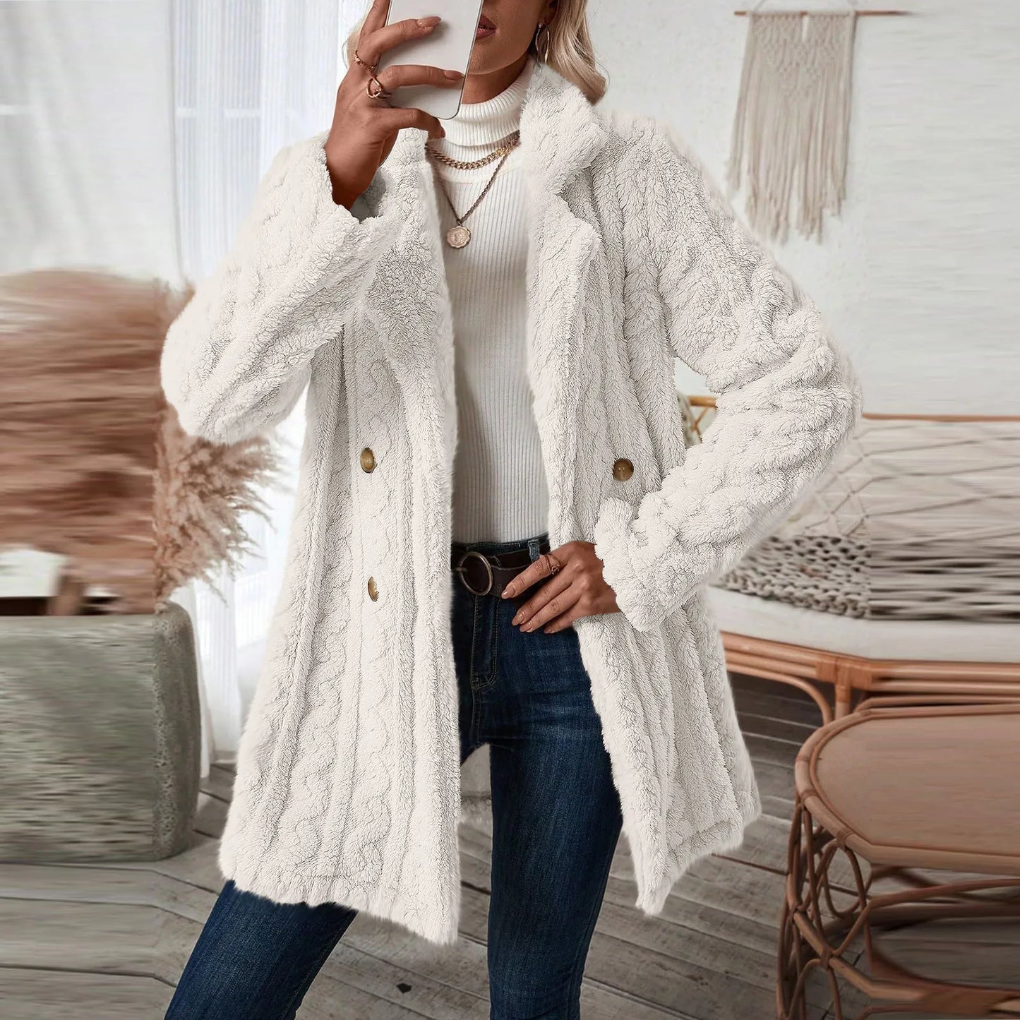 Elegante Crème Sherpa: Thermische Dubbelgeknoopte Dames Teddyjas