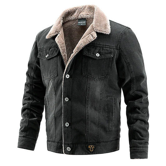 Stijlvol Heren Denim Jack met Fleece Voering en Elegante Bontkraag