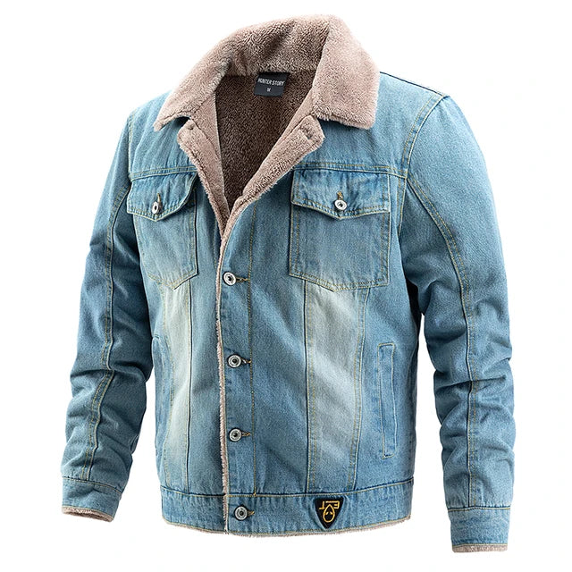 Stijlvol Heren Denim Jack met Fleece Voering en Elegante Bontkraag