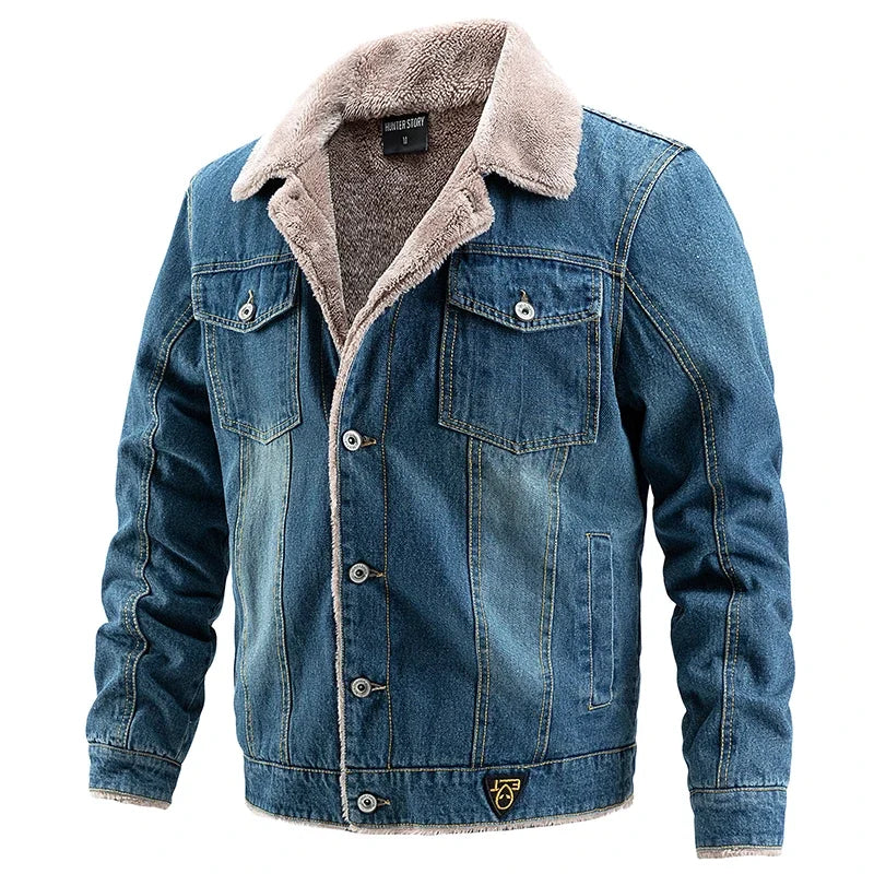 Stijlvol Heren Denim Jack met Fleece Voering en Elegante Bontkraag