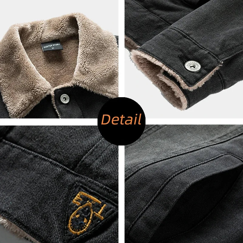 Stijlvol Heren Denim Jack met Fleece Voering en Elegante Bontkraag