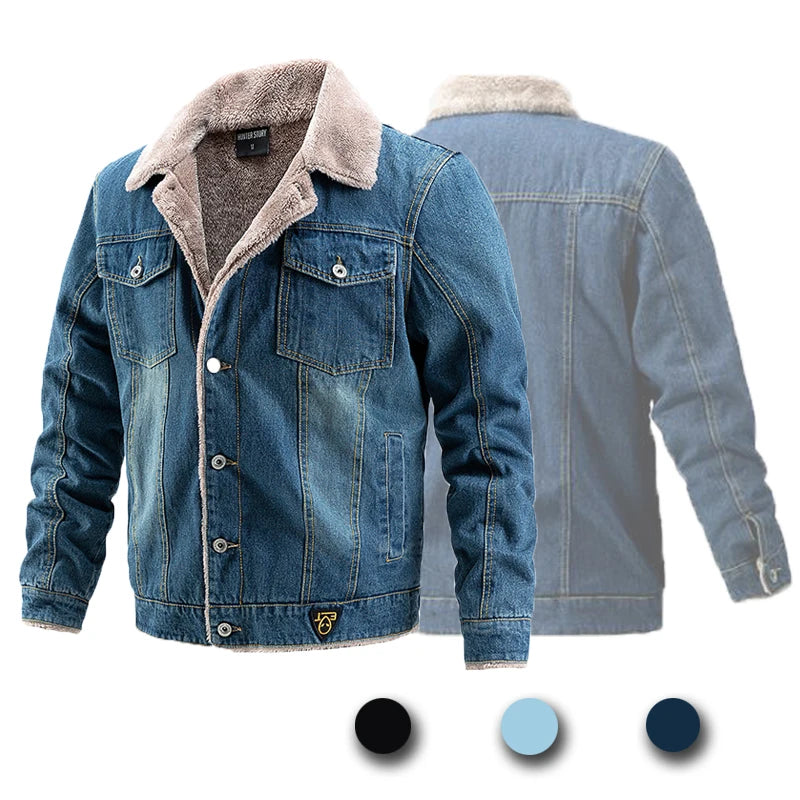 Stijlvol Heren Denim Jack met Fleece Voering en Elegante Bontkraag