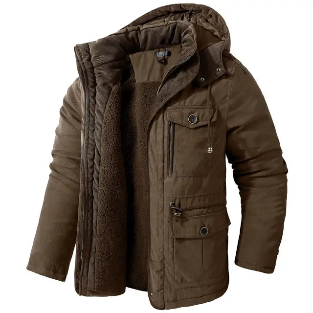 Men's Warm Thick Hooded Winter Jacket, Casual Chic Multi Pocket Cargo Jacket