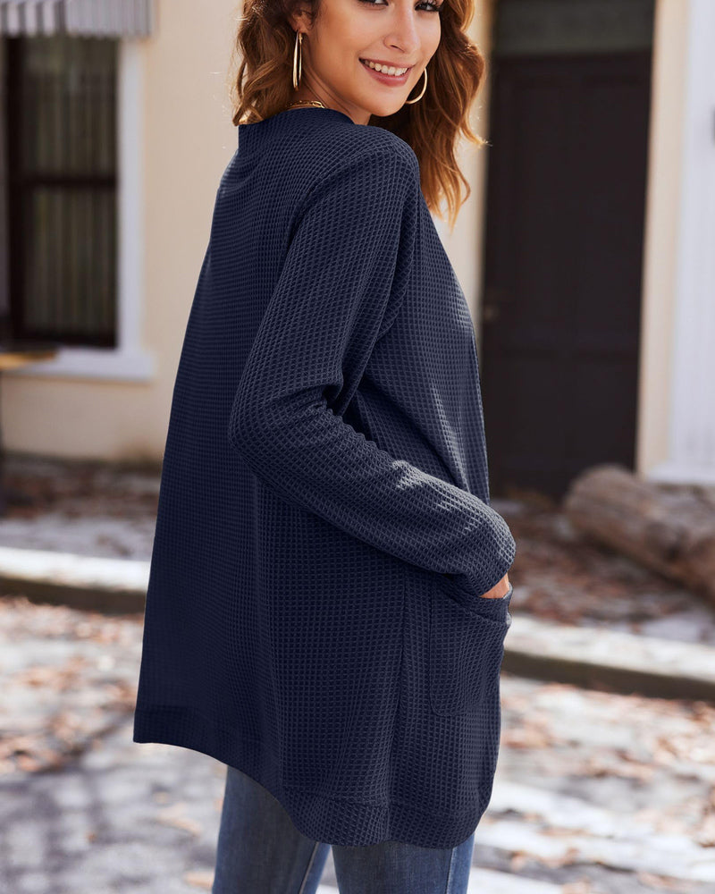 Stijlvolle Dames Wafelgebreide Cardigan met Zakken - Licht & Comfortabel