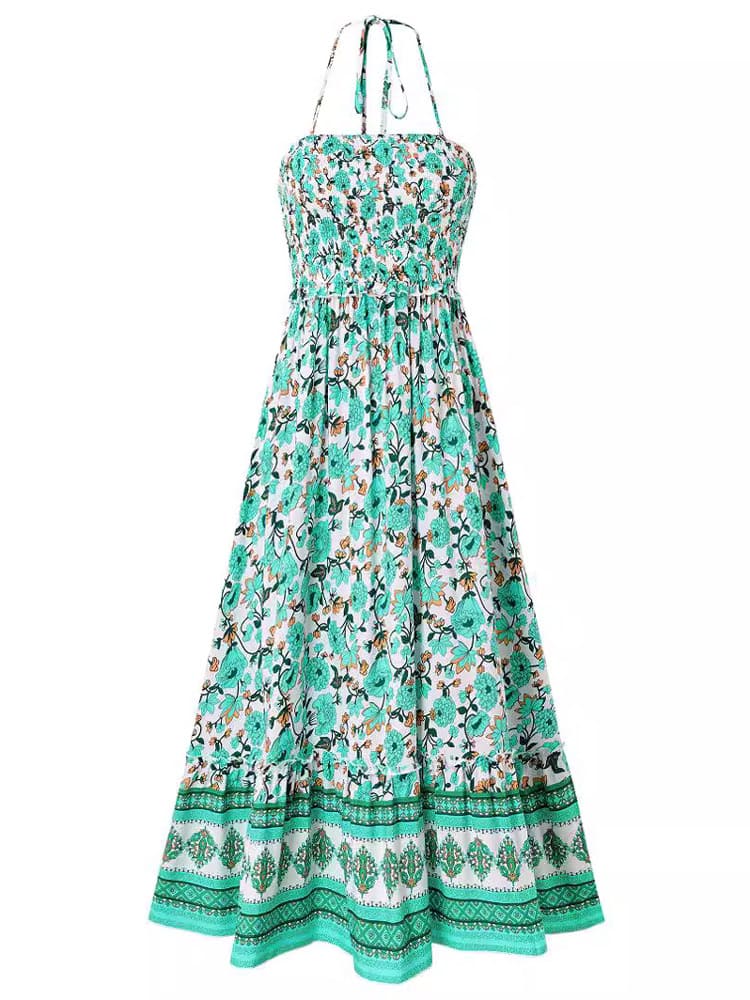 Groene Halter Maxi Jurk met Bloemenprint - Eva