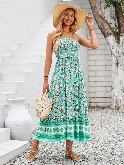 Groene Halter Maxi Jurk met Bloemenprint - Eva