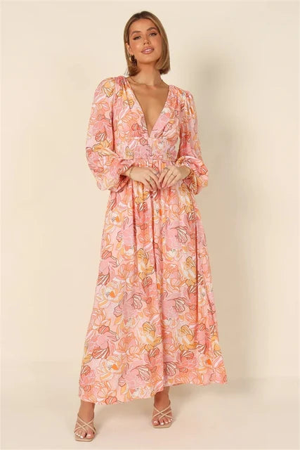 Roze Boho Chiffon Midi Jurk - Eunice