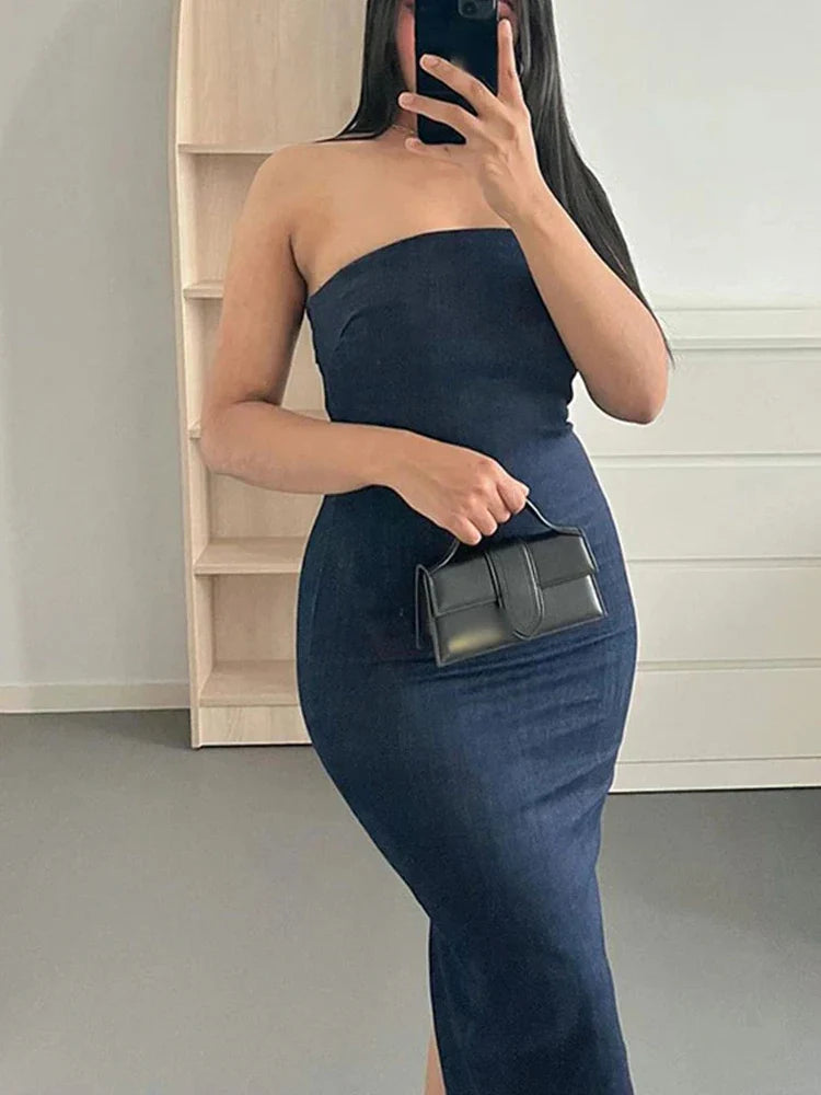 Valli - Blauwe Off-Shoulder Spijkerjurk