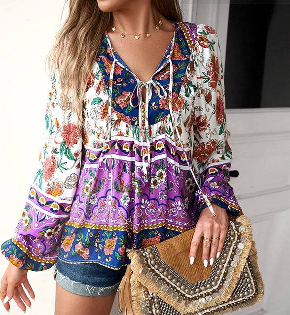 Paarse Boho Bloemenblouse - Abegail