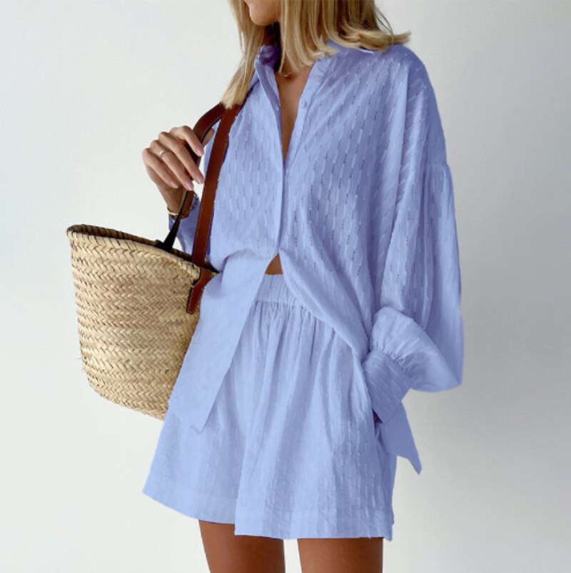 Chique Zomer Duo: Luxe Polyester Shirt & Shorts Set