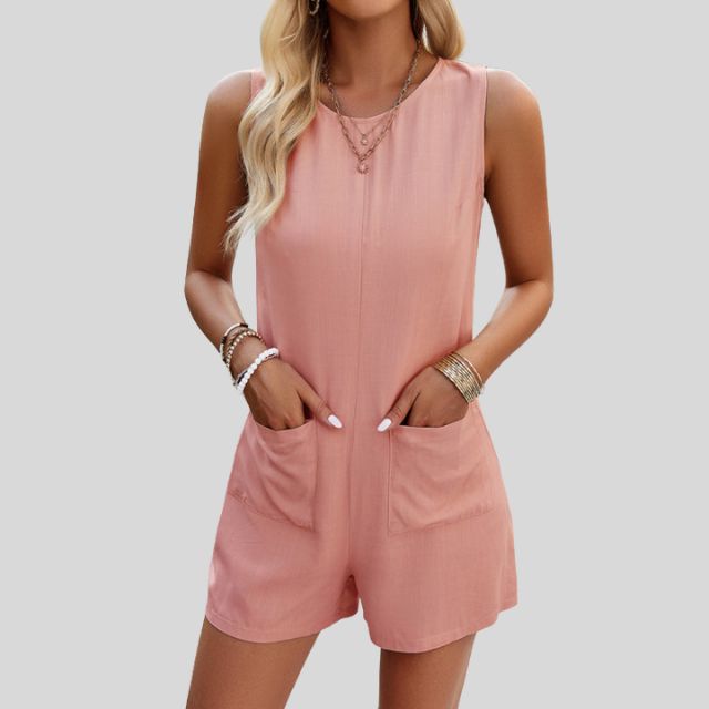 Chique Mouwloze Monochrome Jumpsuit Shorts met Zakken